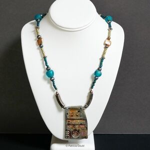 New - N7 - Handmade Raku and recycled glass necklace with pearls - One of a kind